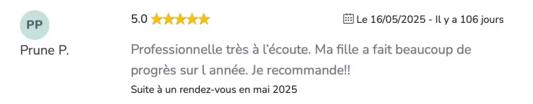 Avis très positif laissé par un patient lors de séances d'orthopédagogie à Saint-Médard-en-Jalles