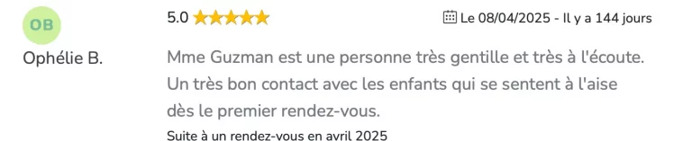 Avis très positif laissé par un patient lors de séances d'orthopédagogie à Saint-Médard-en-Jalles
